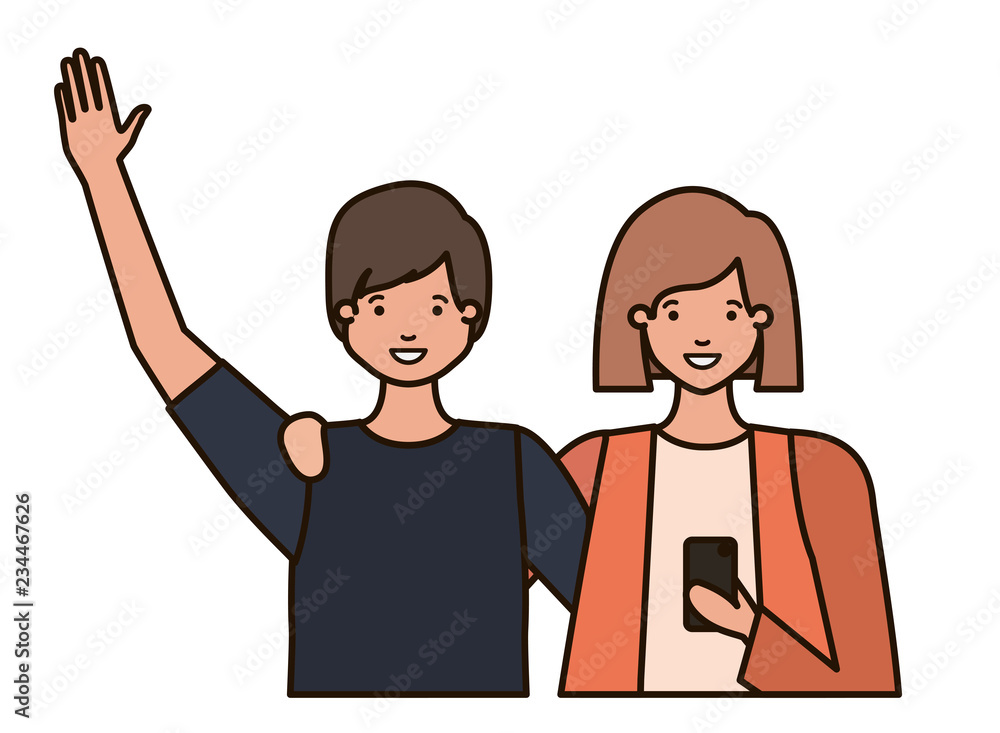 couple with hands up and smartphone avatar character couple with hands up and smartphone avatar character