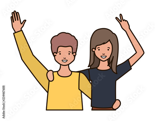 young couple with hands up avatar character