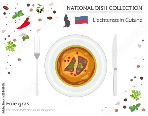 Liechtenstein Cuisine. European national dish collection. Foie gras isolated on white, infographic