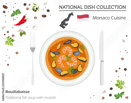 Monaco Cuisine. European national dish collection.  Traditional fish soup with mussels isolated on white, infographic