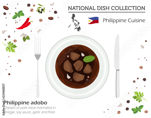 Philippine Cuisine. Asian national dish collection. Adobo  isolated on white, infograpic.