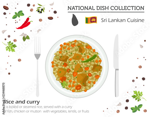 Sri Lankan Cuisine. Asian national dish collection. Rice and curry isolated on white, infograpic. Vector illustration
