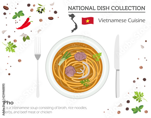 Vietnamese Cuisine. Asian national dish collection. Pho soup isolated on white, infograpic