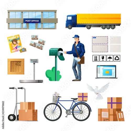 Set of postal service, building of mail, transport for delivery.