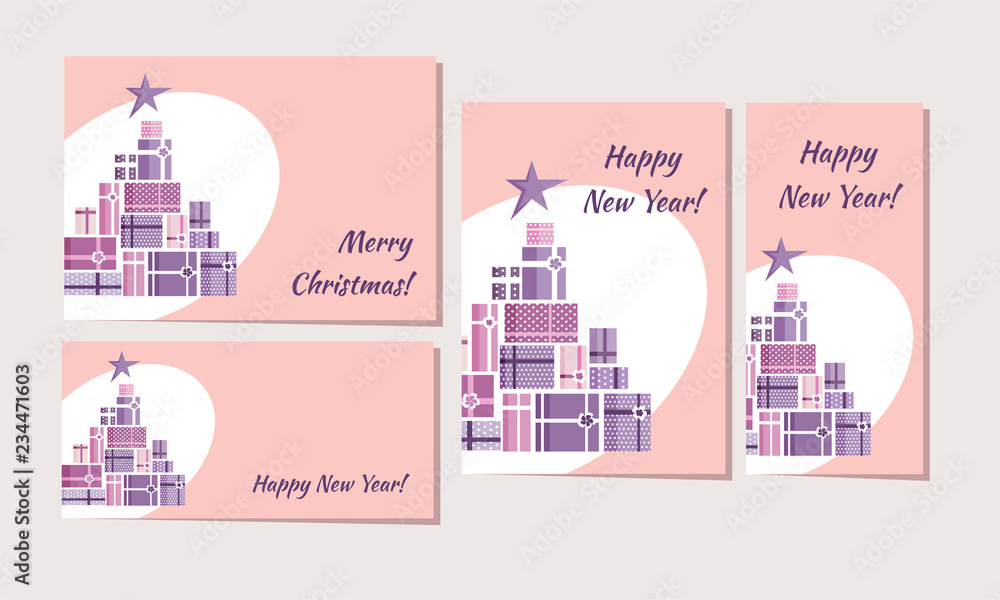 Christmas postcards and banners with pink and violet gifts and stars, Christmas tree silhouette, Colored on white and pink background
