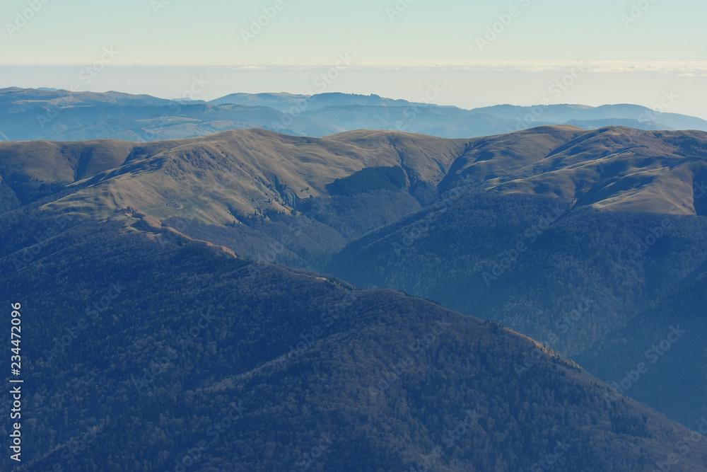 Mountain peak in National Park Bucegi of Carpathians mountains seen from Cota 2000, Sinaia Resort, Prahova county, Romania. Autumn season.