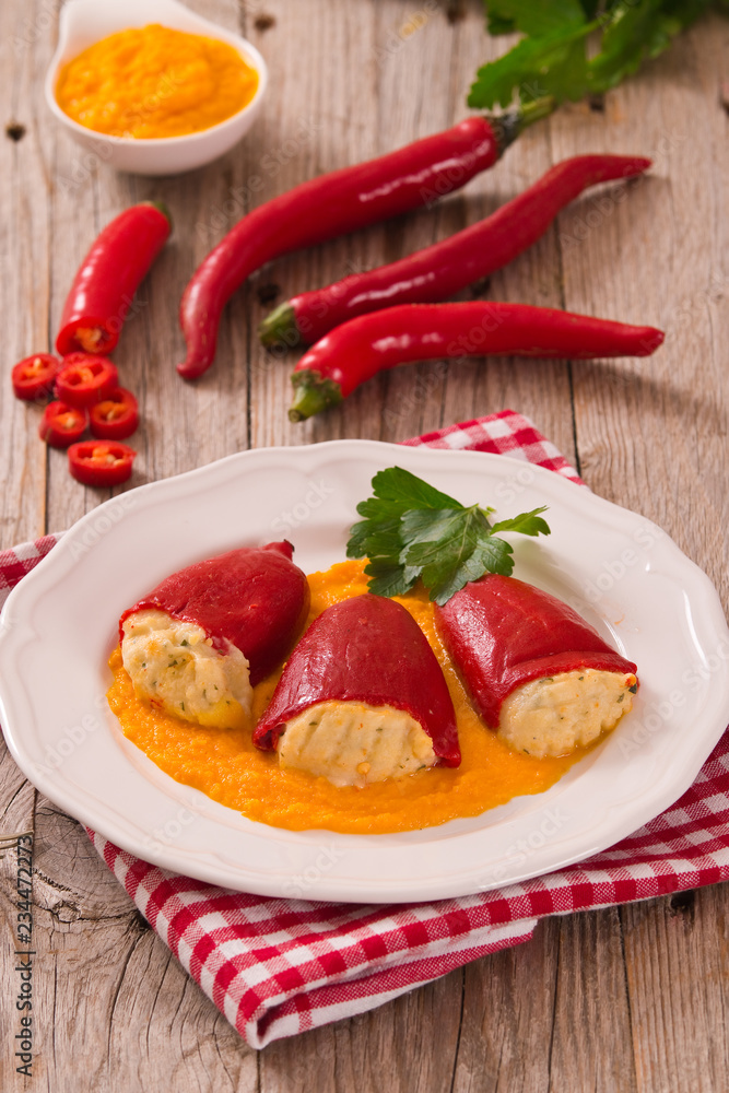 Stuffed piquillo peppers with cod. Stuffed piquillo peppers with cod.