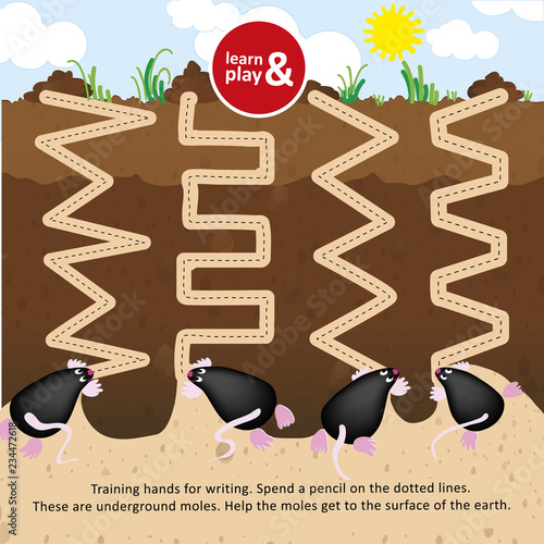 Underground moles want to choose outside. draw a pencil line. Game for kids magazine. Game for children. Learn and play. Development of writing skills in children. Educational vector illustration