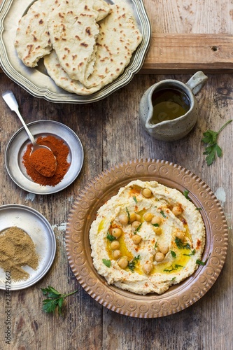 Hummus and unleavened bread photo