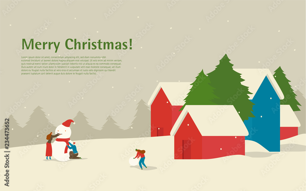 Vector Illustration_Christmas landscape. Family makes a snowman before Christmas.