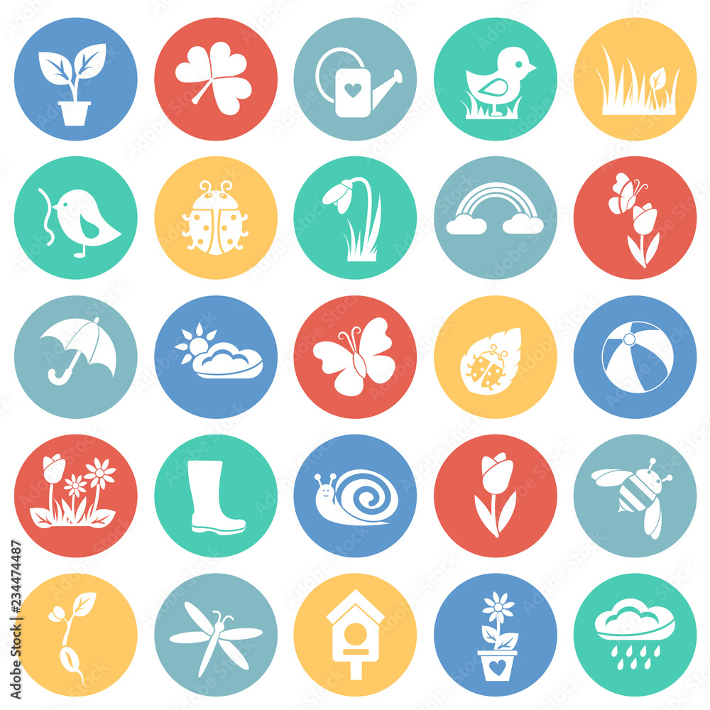 Spring set on color circles background icons