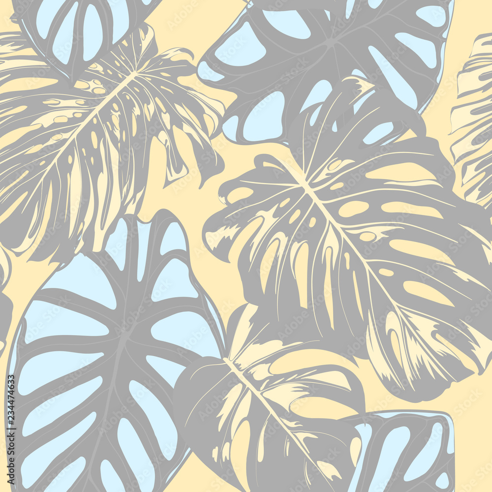 Seamless Vector Tropical Pattern in Pastel Color Design. Monstera Palm Leaves and Alocasia. Jungle Foliage with Watercolor Effect. Exotic Hawaiian Fabric Design. Seamless Tropical Background for Print