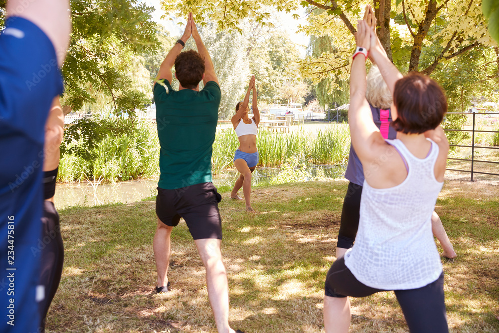 Fototapeta premium Female Instructor Leading Outdoor Yoga Class