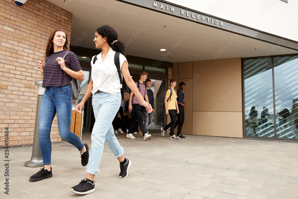 Fototapeta premium Group Of High School Students Walking Out Of College Building Together