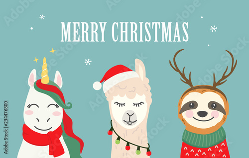 Collection of Christmas cartoon characters. Merry Christmas illustrations of cute unicorn, llama, alpaca, sloth with accessories like Santa hat, sweater, scarf, reindeer antlers