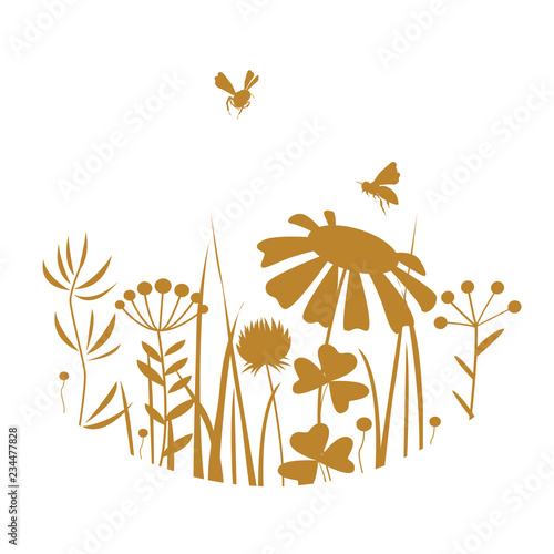 Vintage honey card with bees and flowers silhouettes