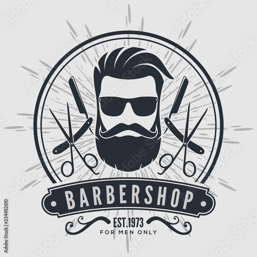 Barber shop vintage label, badge, or emblem on gray background. Vector illustration