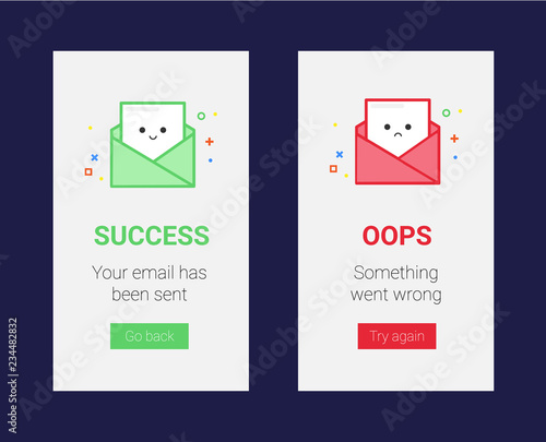 Flash messages vector template for success and failure. Happy and sad email vector illustration for banner, cover or landing page. Cute cartoon layout for your design with smile on the face.
