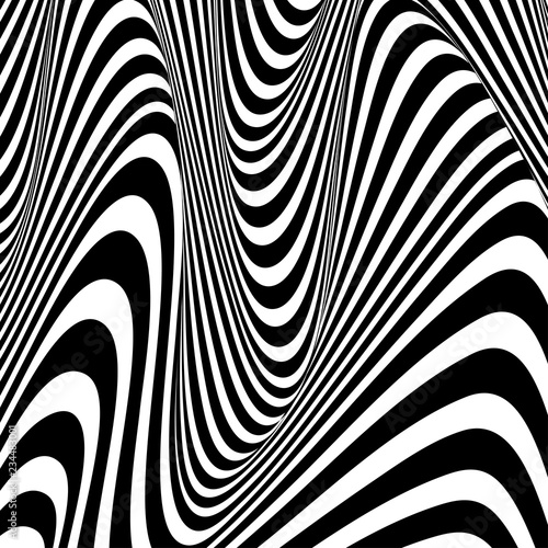 Black and white design. Abstract striped background. Optical illusion effect. Geometric tile in op art style. Vector illusive background, texture. Futuristic element, technologic design.