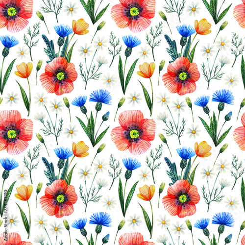 Watercolor seamless pattern with poppies. Floral background. Hand drawn summer flowers.