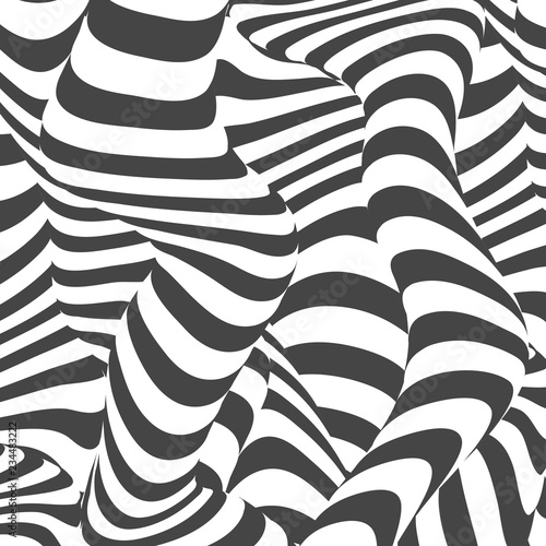 Black and white design. Abstract striped background. Optical illusion effect. Geometric tile in op art style. Vector illusive background, texture. Futuristic element, technologic design.