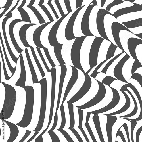 Black and white design. Abstract striped background. Optical illusion effect. Geometric tile in op art style. Vector illusive background, texture. Futuristic element, technologic design.