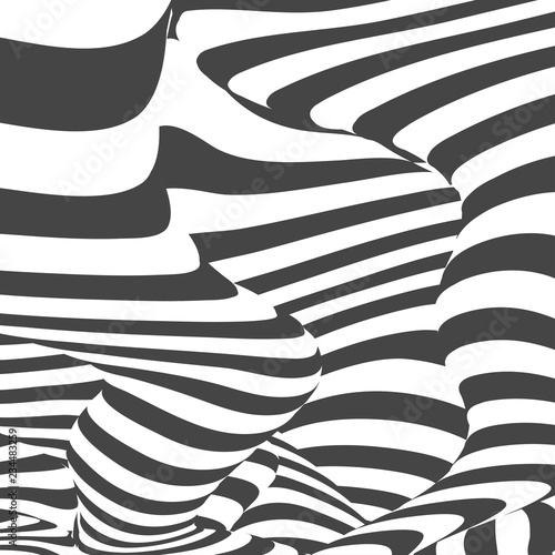 Black and white design. Abstract striped background. Optical illusion effect. Geometric tile in op art style. Vector illusive background, texture. Futuristic element, technologic design.