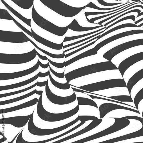 Black and white design. Abstract striped background. Optical illusion effect. Geometric tile in op art style. Vector illusive background, texture. Futuristic element, technologic design.