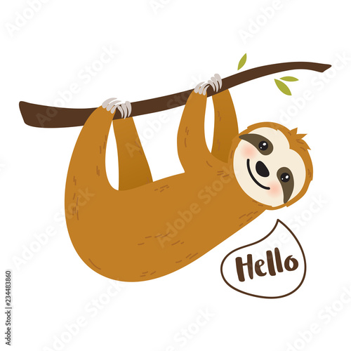 Cute cartoon sloth vector graphic design. Adorable hand drawn baby sloth character hanging on the tree. Illustration for nursery design, poster, greeting, birthday card, baby shower design and party