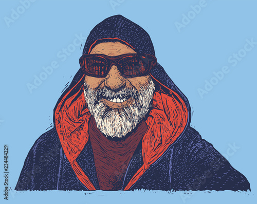 Cheerful  adult man with moustaches, beard and sun glasses in hood. vector illustration.