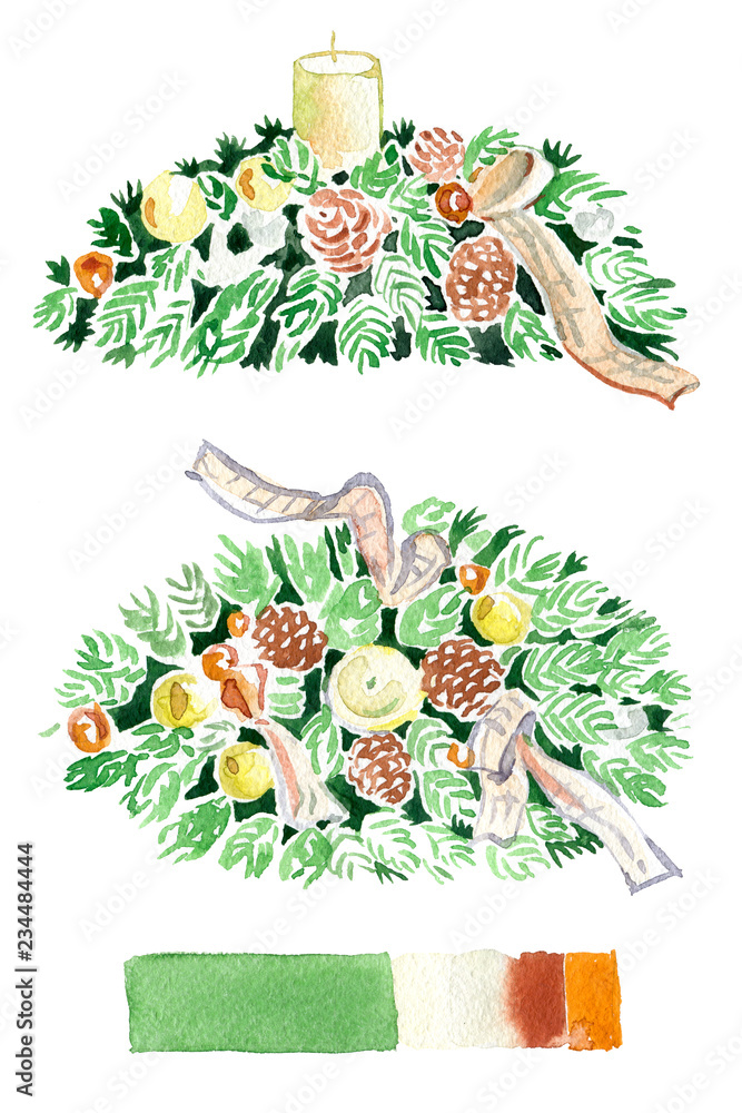 Obraz premium Watercolor hand-paint. Christmas composition on the table with candle, coniferous, cones, balls, ribbon. Illustration isolated on white.