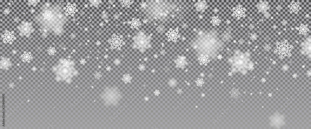 Snow falling background. Vector magic Christmas eve snowfall. White glitter snowflakes falling down on transparent background. Snow falling background. Vector magic Christmas eve snowfall. White glitter snowflakes falling down on transparent background.