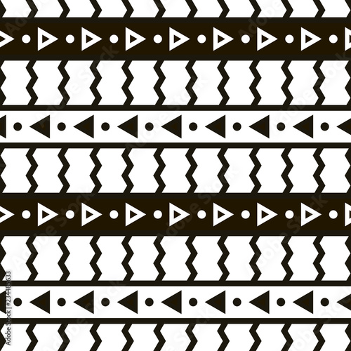 Monochrome vector seamless geometric pattern. Abstract background with vertical and horizontal zigzag lines and stripes, triangles and dots. Design element for decor, web, prints, digital, wrapping pa