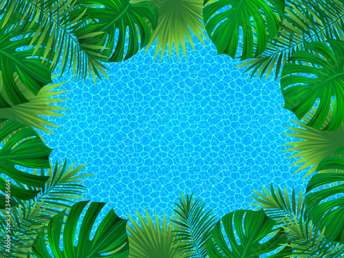 Tropical vector frame. exotic plants illustration. background with jungle plants, palms leaves, sea texture. beautiful tropic seascape. Summer vacation design.
