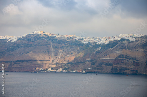 Thira town climbed on volcanic mountain, Greek Islands Santorini in Aeagean Sea © dtatiana