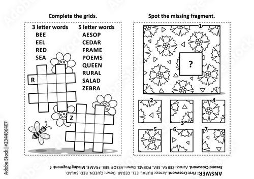 Activity page with two puzzles. Fill-in crossword puzzle or word game. Spot the missing fragment of the floral pattern. Black and white. Answers included.
