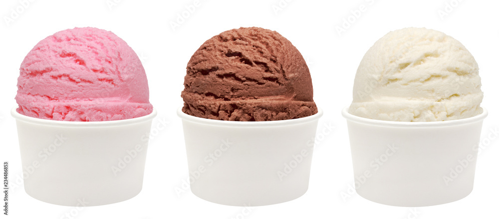 Strawberry, vanilla, chocolate different flavor ice cream scoops or balls  in white blank cardboard cup template or mockup collection isolated on  white background Stock Photo | Adobe Stock