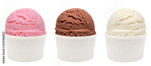 Tela Strawberry, vanilla, chocolate different flavor ice cream scoops or balls in whi