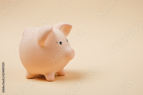 Close up photo side view of pink piggy money bank isolated on pastel beige wall background. Money accumulation investment, banking or business services, wealth concept. Copy space advertising mock up.