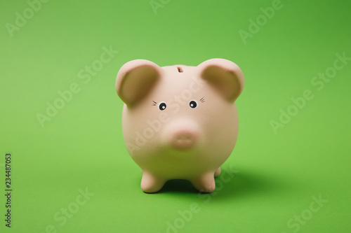 Close up photo of pink piggy money bank isolated on bright green wall background. Money accumulation, investment, banking or business services, wealth concept. Copy space advertising mock up.