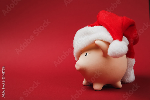 Side view of pink piggy money bank with Christmas hat isolated on bright red background. Money accumulation, investment, banking or business services, wealth concept. Copy space advertising mock up.