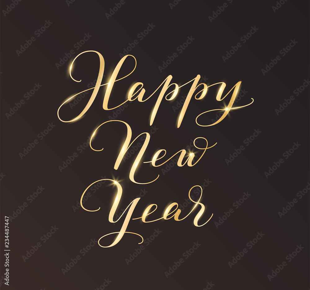 Happy New Year calligraphy on black background. Golden hand drawn text Happy New Year calligraphy on black background. Golden hand drawn text