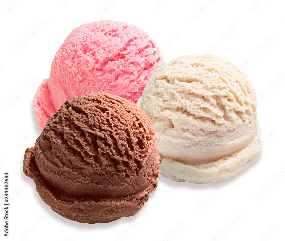 Fototapeta premium Strawberry, vanilla, chocolate different flavor ice cream scoops side view on white background