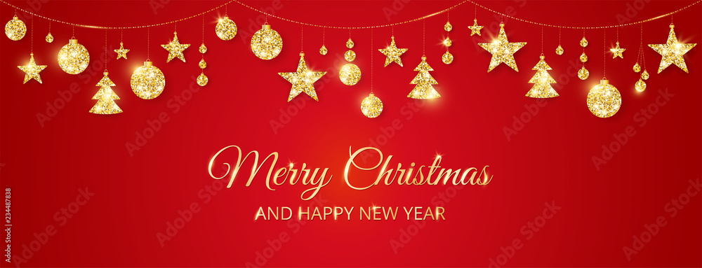 Christmas golden decoration on red background. Merry Christmas and Happy New Year card