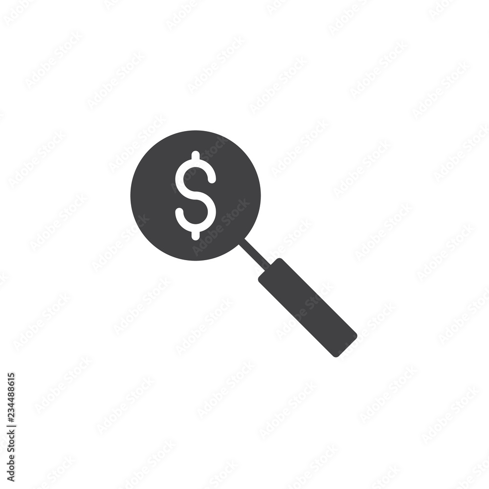 Money search vector icon. filled flat sign for mobile concept and web design. Magnifier and dollar simple solid icon. Symbol, logo illustration. Pixel perfect vector graphics Money search vector icon. filled flat sign for mobile concept and web design. Magnifier and dollar simple solid icon. Symbol, logo illustration. Pixel perfect vector graphics