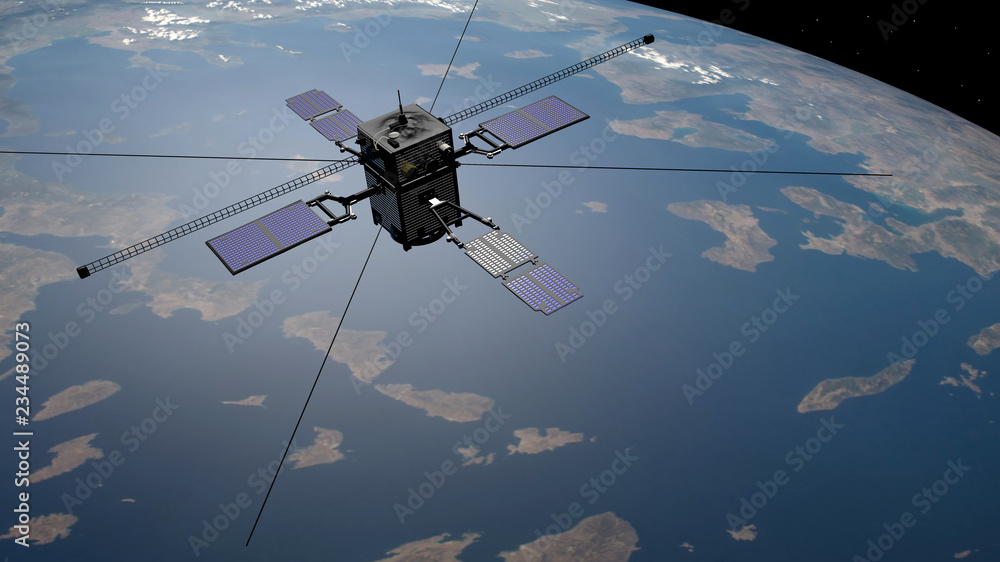 Naklejka premium Satelita naukowy ARASE na orbicie okołoziemskiej, renderowanie 3D, ilustracja