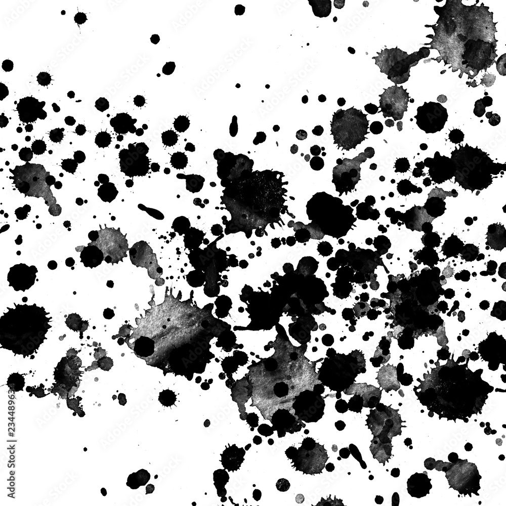 Isolated artistic black watercolor and ink splatter textures and decorative elements on white wall background. Isolated artistic black watercolor and ink splatter textures and decorative elements on white wall background.