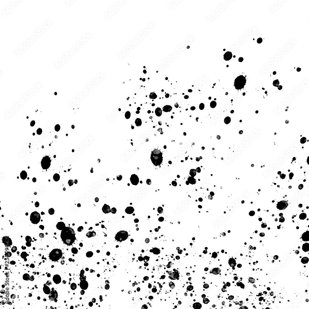 Isolated artistic black watercolor and ink splatter textures and decorative elements on white wall background. Isolated artistic black watercolor and ink splatter textures and decorative elements on white wall background.