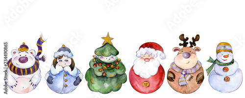 Set of Christmas characters (Santa, Snow Maiden, snowman, reindeer, polar bear, Christmas tree) isolated on white background. Watercolor painting. Hand painted.