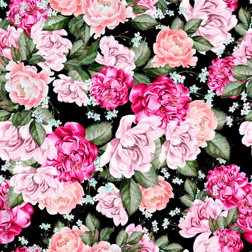 Beautiful watercolor pattern with peony flowers.